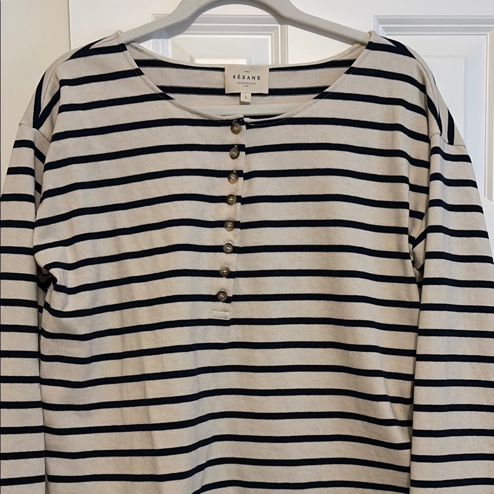 Sezane Navy and White Striped Long Sleeve Top